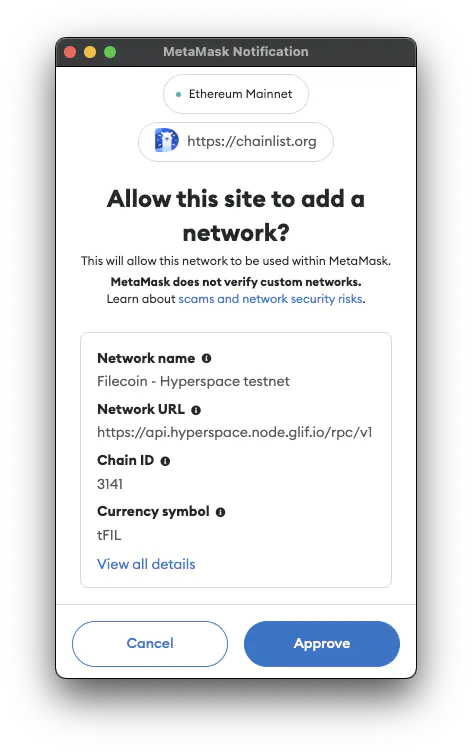 Approve the new network in MetaMask