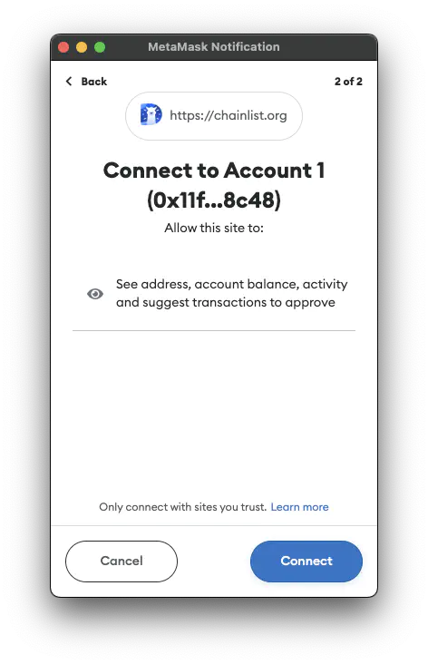 Click connect in MetaMask.