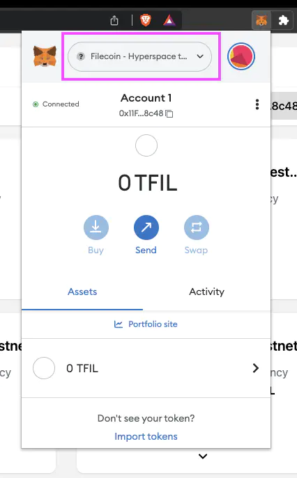 MetaMask on the Filecoin Hyperspace testnet.