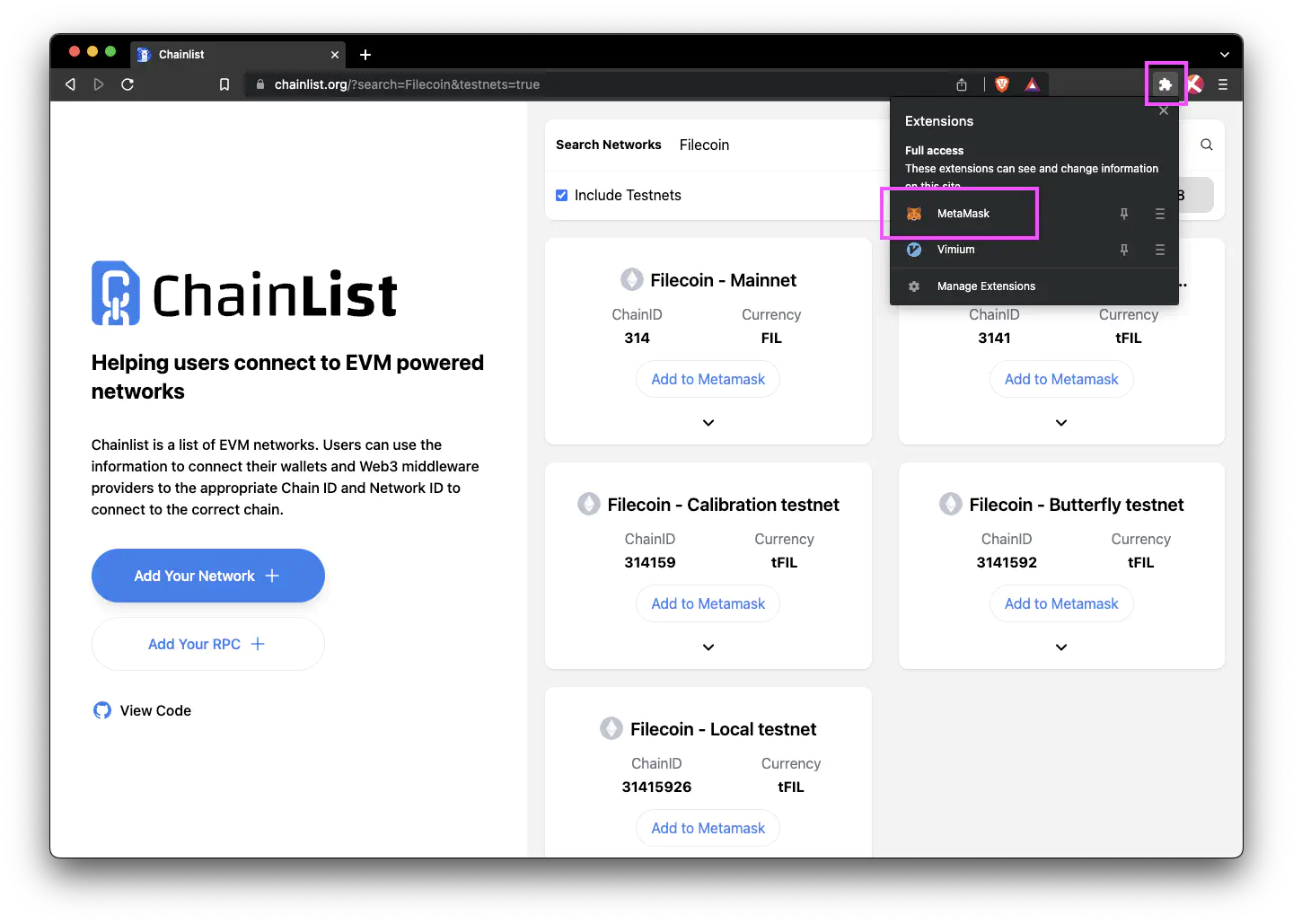 Open MetaMask from the browser extensions tab.