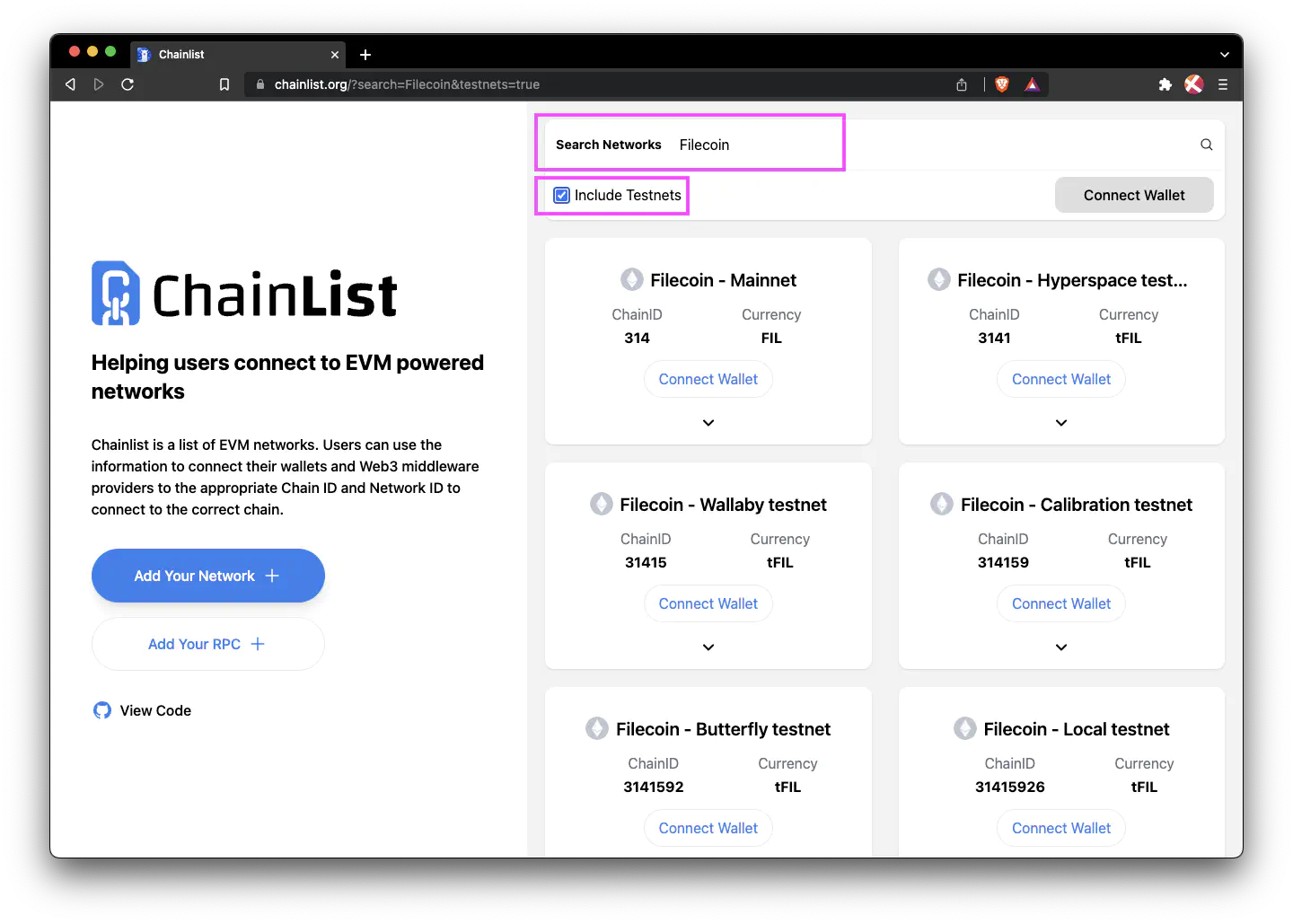 Search for Filecoin testnets in Chainlist.