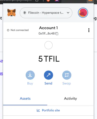 MetaMask showing a balance of FIL.