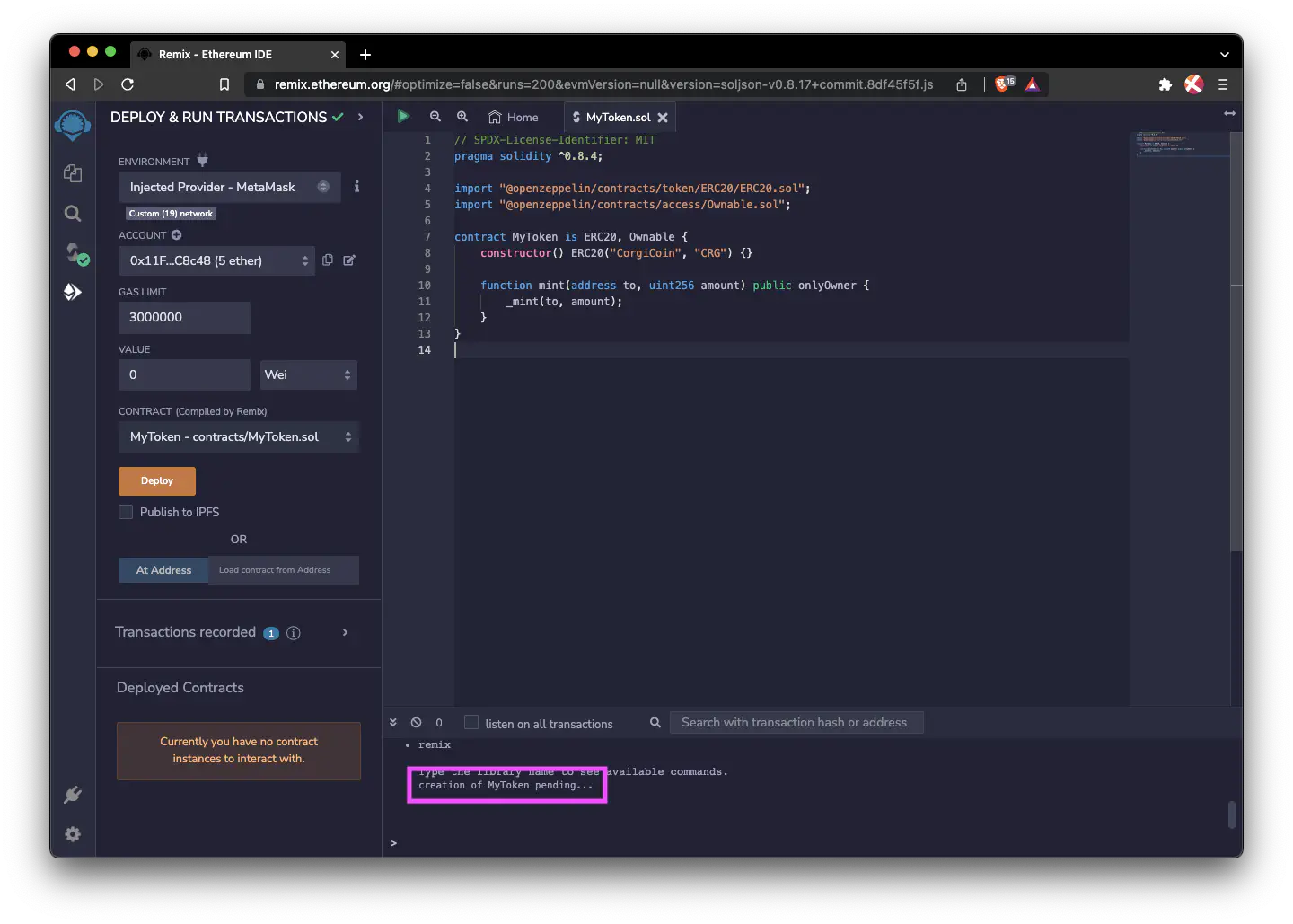 Deployment confirmation in Remix.