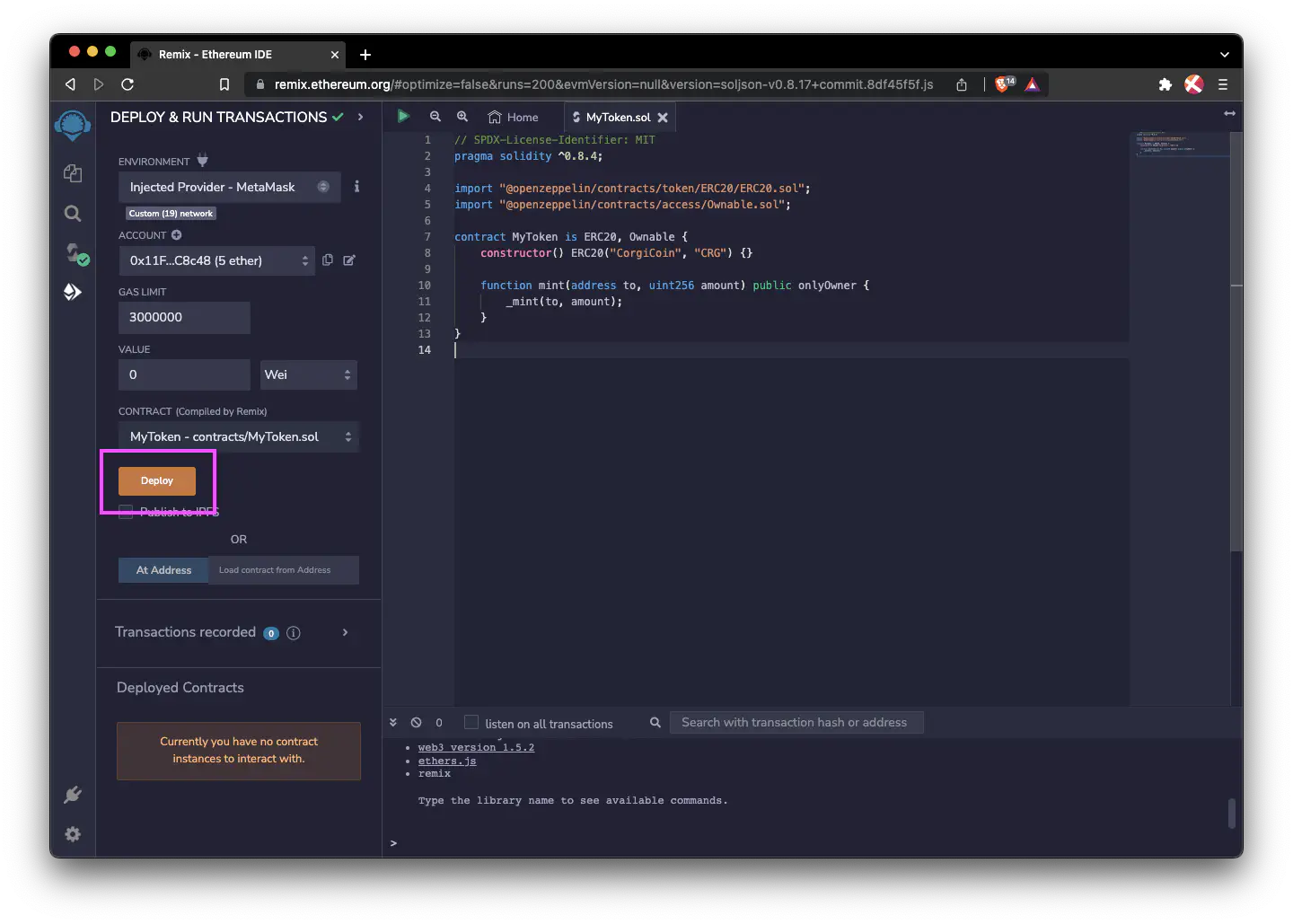 Click Deploy in Remix.