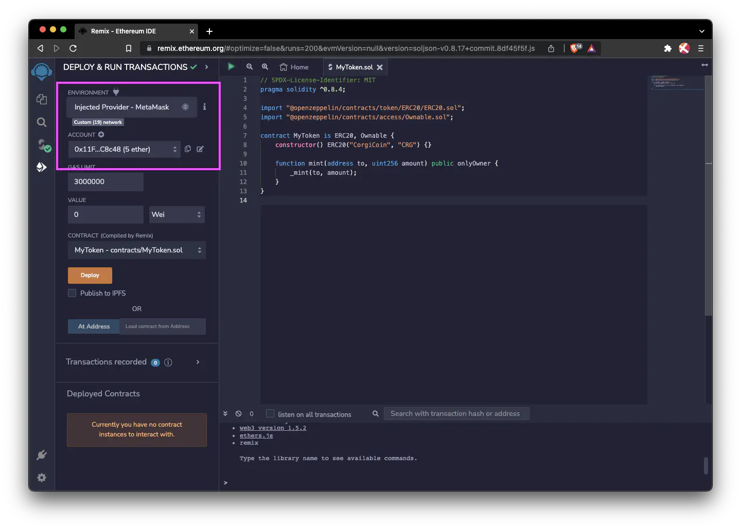 Remix and MetaMask linked.